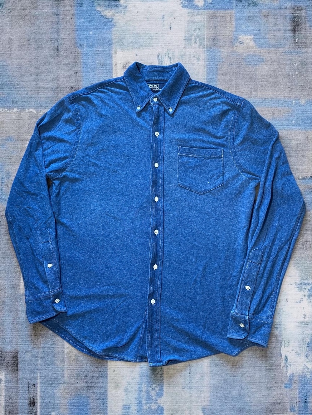Polo Ralph Lauren Mens Long Sleeve Shirt Medium Button Down Blue Cotton Knit Pon